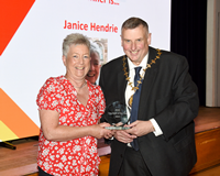 Active Schools Sports Development Volunteer Awards 2023. Provost Drew McKenzie with Janice Hendrie.